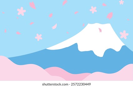 Simple and cute background illustration material of cherry blossoms and Mt. Fuji