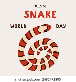 Simple cute banner for World Snake Day at 16th of July with cartoon rolled elapidae snake, lettering. Holiday template for website, poster, background to raise awareness about importance of snakes.