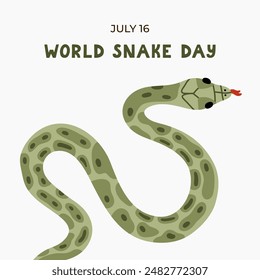 Simple cute banner for World Snake Day at 16th of July with cartoon serpent and lettering. Holiday concept for website, poster, background, card to raise awareness about importance of snakes, viper.