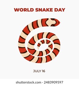 Simple cute banner for World Snake Day at 16th of July with cartoon rolled elapidae snake, typography. Holiday template for website, poster, background to raise awareness about importance of snakes.