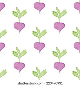 Simple and cute beetroot seamless vector pattern. Vectorized watercolor painting.