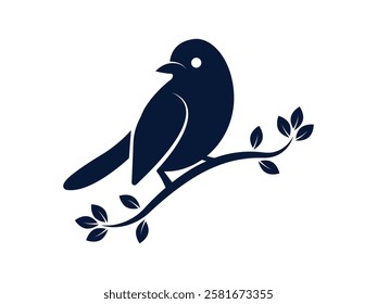 Simple cute bird  sitting on branch with leaves logo icon vector on white background.