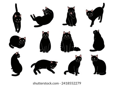 Simple and cute black cat illustration set