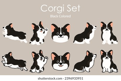 Simple and cute black colored Corgi dog illustrations set