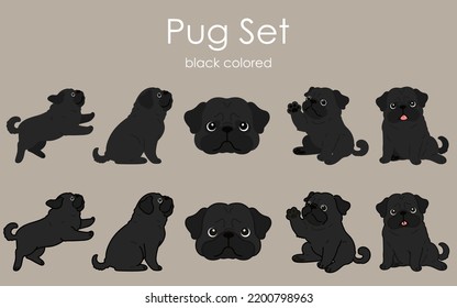 Simple and cute black colored Pug illustrations set