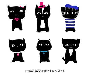 Simple, cute black kittens with accessories, including top hat,name tag, bow, beret and pearls