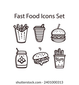 Einfache, schlichte Schwarz-Weiß-Minimalistin Fast Food Icon Set Burger, Fries, Saft in flacher Design-Linie Kunst auf weißem Hintergrund
