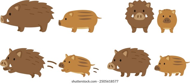 Simple and cute boar and puppy illustration set