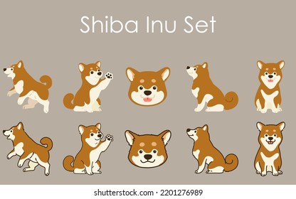 Simple and cute brown Shiba Inu illustrations set