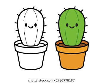 Simple cute cactus illustration with a colored version and an outline version, friendly and minimal style suitable for icons, stickers, plant graphics, kids content, and coloring pages.