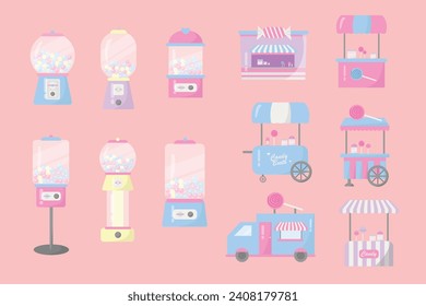 Simple Cute Candy Stall and Dispenser Illustration Design Set