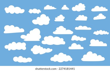 Simple cute cartoon cloud collection. Abstract white cloudy set on blue background vector illustration