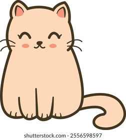 Simple, cute cartoon drawing of a beige cat with a rounded body, small ears, long curved tail, content expression, and closed eyes. The cat has whiskers and blush marks on its cheeks.