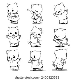 Simple Cute cartoon graffiti.  Line art. Little kitten. Hand drawn cute black line drawing . Various gestures and expressions