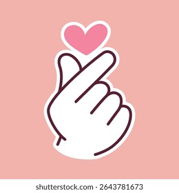 Simple and cute cartoon illustration of a hand showing finger heart gesture with a pink heart. Represents love, kindness, care, and positivity in daily life or communication.