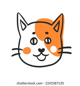 Simple cute cat doodle art. Adorable hand drawn red spotted cat head in cartoon outline style. Friendly pet vector illustration. Kids animal print, veterinary, pet shop logo, symbol