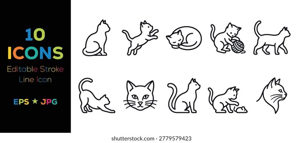 Simple cute cat icons set of ten different poses