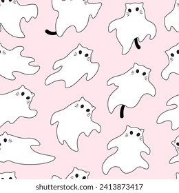 Simple cute cat, kitten ghost characters with tails and whiskers. Seamless vector pattern, background. Halloween spooky drawings.