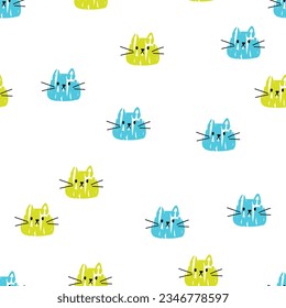 Simple cute cat pattern. Seamless vector pattern with blue and green cat heads on white background 