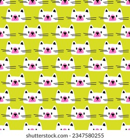 Simple cute cat pattern. Seamless vector pattern with white and pink cat heads on green background 