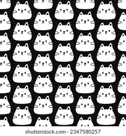 Simple cute cat pattern. Seamless vector pattern with white cat head on black background