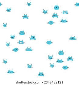 Simple cute cat pattern. Seamless vector pattern with blue cat head on white background 