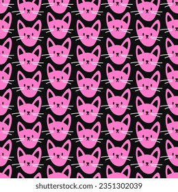 A simple cute cat pattern. Seamless vector pattern with pink cat head on black background