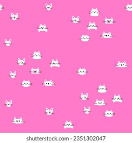 Simple cute cat pattern. Seamless vector pattern with white cat head on pink background