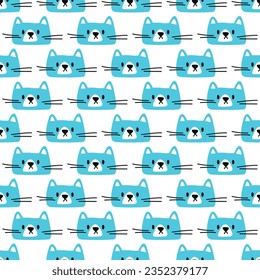 Simple cute cat pattern. Seamless vector pattern with blue cat head on white background 