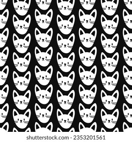 Simple cute cat pattern. Seamless vector pattern with white cat head on black background