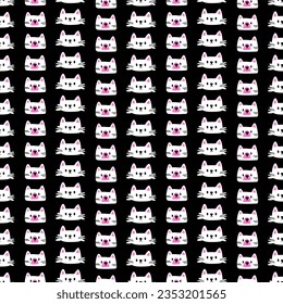 Simple cute cat pattern. Seamless vector pattern with white cat head on black background