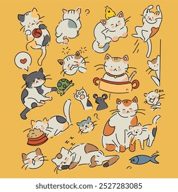Simple cute cats set Illustration vector colored with background 