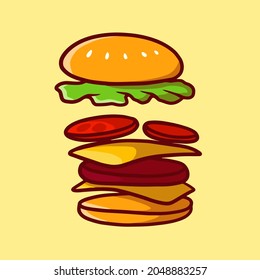 Simple cute cheese burger cartoon on white background,vector illustration.Flat design of burger icon.