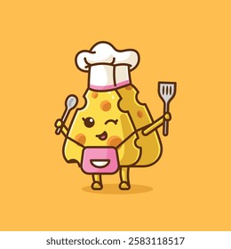 Simple cute cheese chef ready to cook cartoon vector illustration Collection of cheese activities concept icon isolated