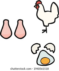 Conjunto de ilustraciones simples y lindas de pollo, huevo y carne de pollo