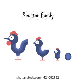 Simple cute chicken family - rooster, hen, chicken. cartoon vector illustration