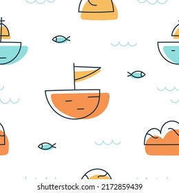 simple cute childish pattern of ships, sea, islands for the design of children's clothes, room vector illustration