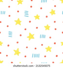 A simple cute children's vector pattern on a white background. Asterisks, dot circles and sticks in watercolor Scandinavian style for textiles, decor, interior, wrappers, postcards, backgrounds