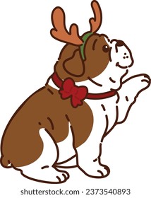 Simple and cute Christmas illustration of Bulldog sitting in side views