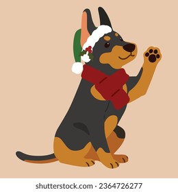 Simple and cute Christmas illustration of Doberman Pinscher dog waving hand