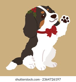 Simple and cute Christmas illustration of tri colored Cavalier King Charles Spaniel waving hand