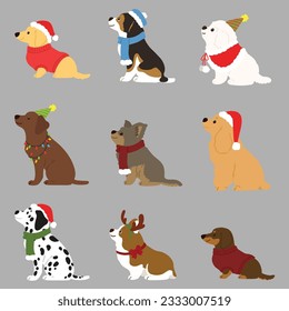 Simple   cute Christmas illustrations and adorable dogs sitting in side view