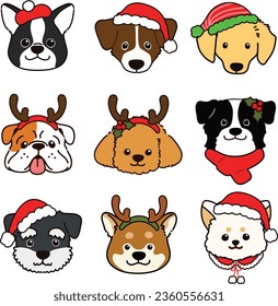 Simple and cute Christmas illustrations with adorable dogs faces with outlines set A