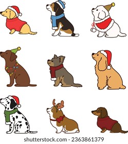 Simple   cute Christmas illustrations and adorable dogs sitting in side view outlined