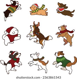 Simple and cute Christmas illustrations with adorable dogs jumping outlined