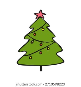 Simple cute Christmas tree illustration decorated with colorful lights and a red star on top. Perfect for holiday cards, invitations, stickers, gift tags, and festive design projects.