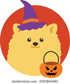 Simple and cute circle icon illustration of Pomeranian in Halloween costume