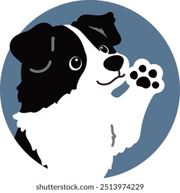 Simple and cute circle icon illustration of Border Collie waving a paw