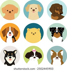 Simple and cute circle icon illustrations of friendly dogs