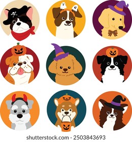 Simple and cute circle icon illustrations of friendly dogs on Halloween